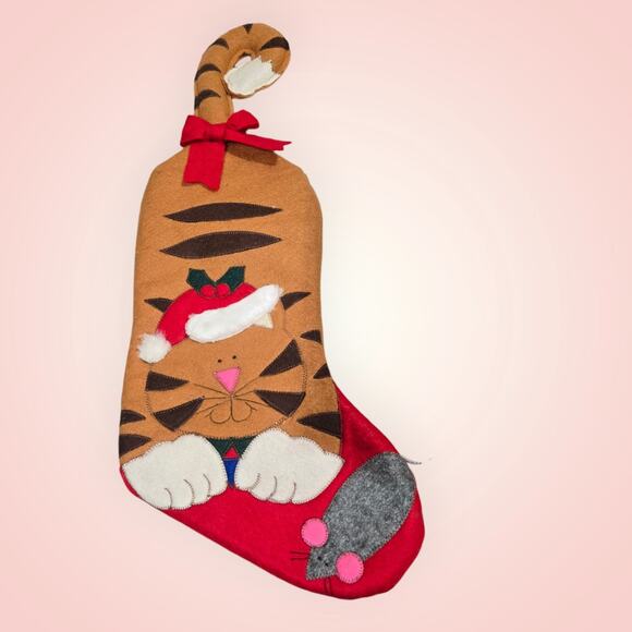Vtg Kitty Christmas Stocking Hinged Tale 18" Orange Striped Cat Santa Mouse - Picture 2 of 7